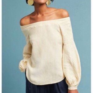 Maeve | Anthropologie Linen Blend Yellow Stripe Off The Shoulder Top | Size 4